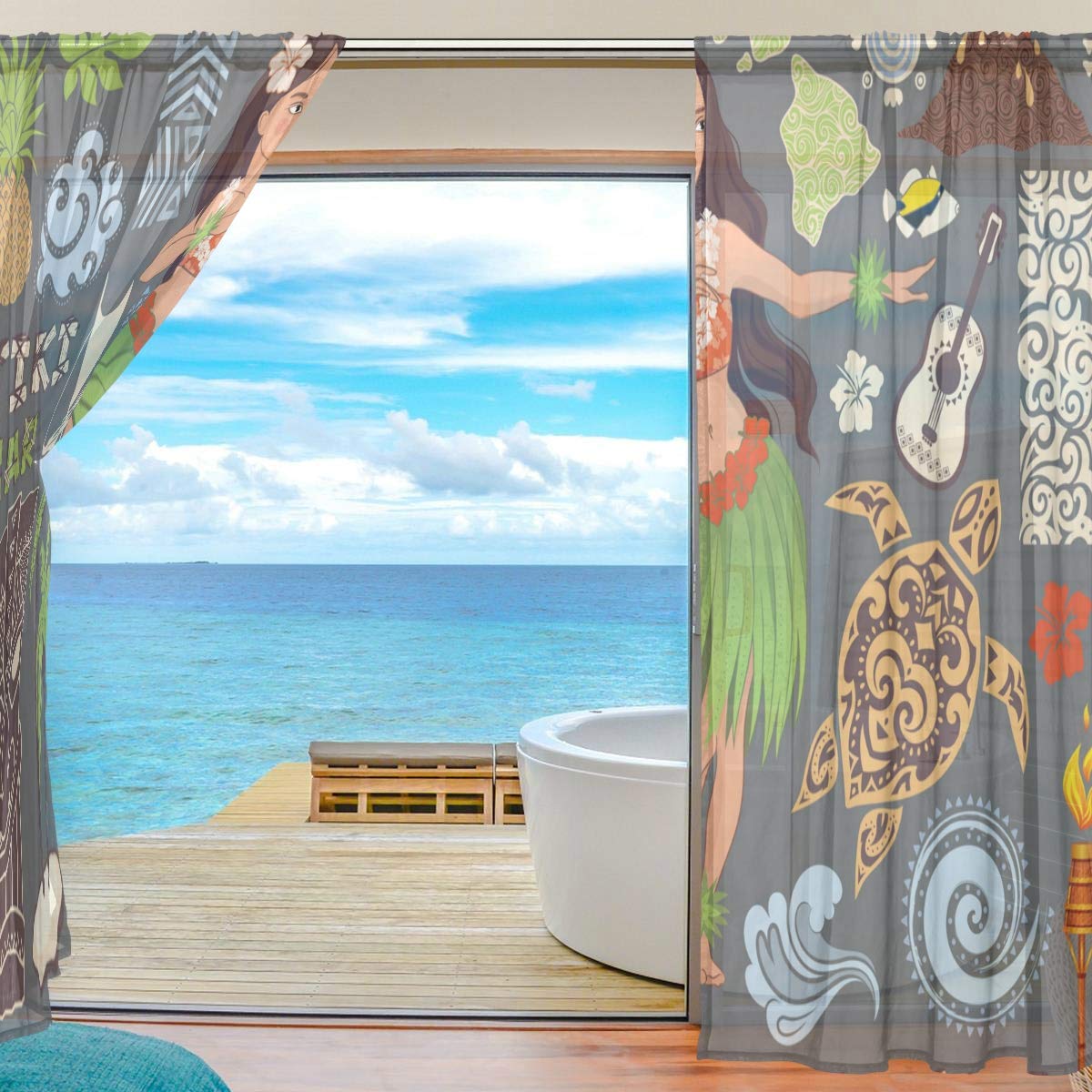 WellLee Vintage Aloha Hawaiian Icons Tiki Symbols Voile Sheer